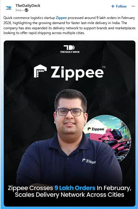 TheDailyDeck on LinkedIn: Zippee crossed 9 lakh orders in February 2026 and scaled its delivery network across cities