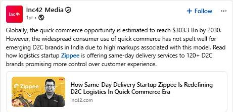 Inc42 Media on LinkedIn: Zippee offers same-day delivery to 120+ D2C brands as quick commerce heads toward $303.3 Bn by 2030