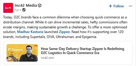 Inc42 Media on LinkedIn: Madhav Kasturia launched Zippee to support 120+ D2C brands including Supertails, GIVA, Ultrahuman and Epigamia