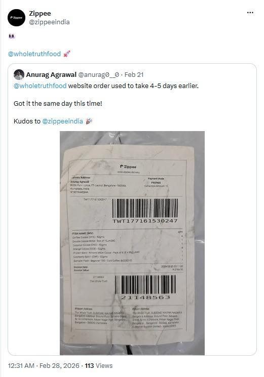 Anurag Agrawal on X: a Whole Truth order that used to take 4-5 days arrived same day with Zippee