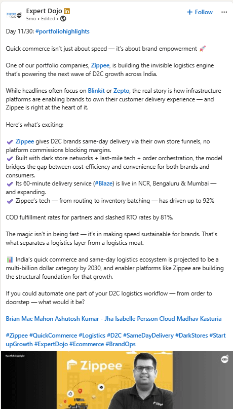 Expert Dojo on LinkedIn: Zippee is building the invisible logistics engine powering D2C growth across India