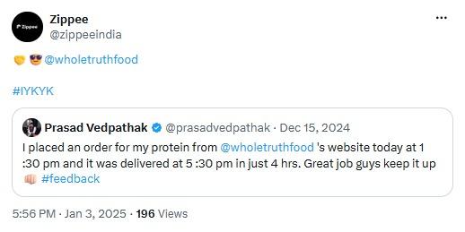 Prasad Vedpathak on X: protein ordered from The Whole Truth at 1:30 pm was delivered by 5:30 pm